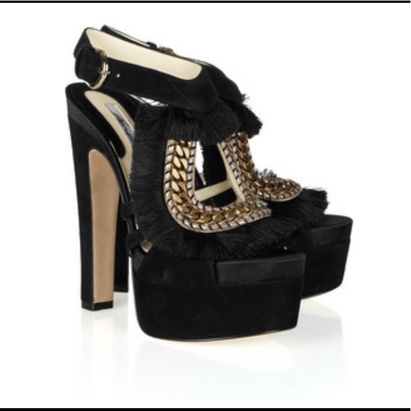 Brian Atwood Blanco Fringe & Chaintrimmed Sandals - Picture 1 of 7